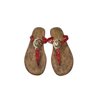 Michael Kors Jelly Flip Flop Sandals W/ MK Logo Charm & Cork Footbed SZ 6 RED